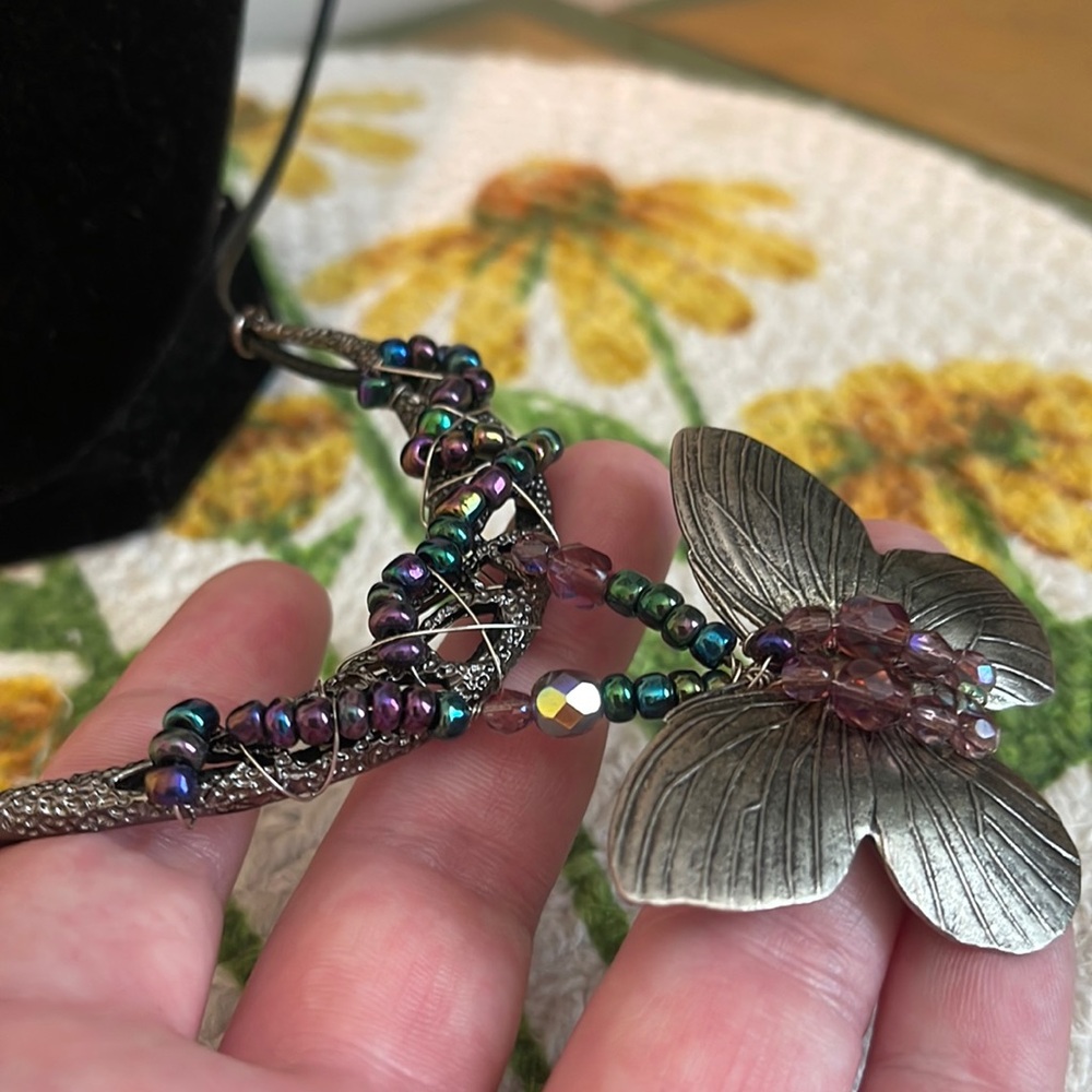 Handcrafted Oil Slick & Aurora Borealis Purple Accent Silver Butterfly Necklace - Picture 4 of 11